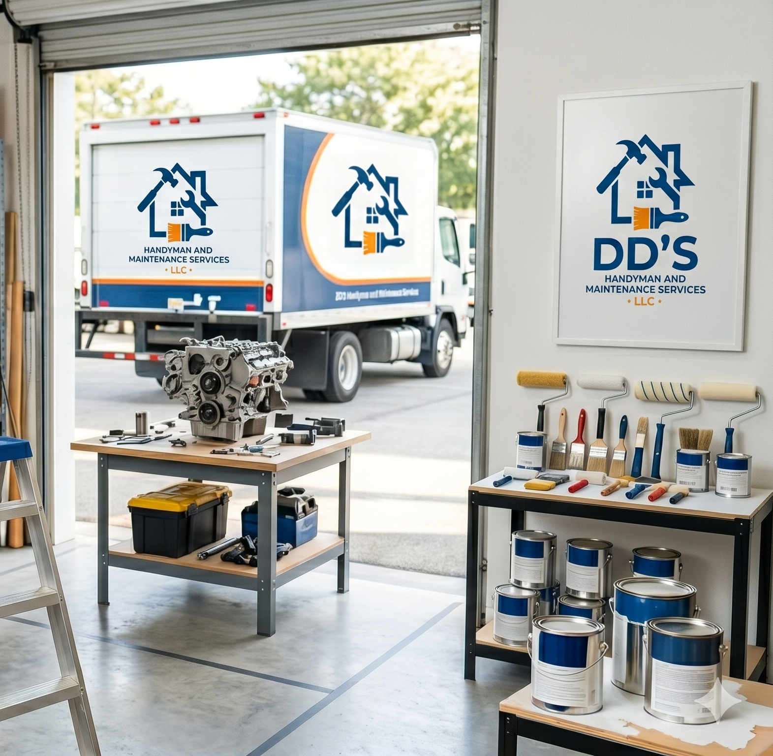 Inside DD'S workshop in Denver — service truck, paint supplies and tools laid out for the day's work.